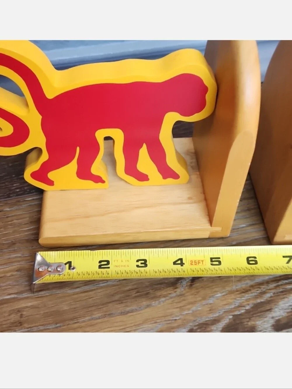 Crate & Barrel Wood Bookends Red Monkey Blue Elephant Yellow Gold